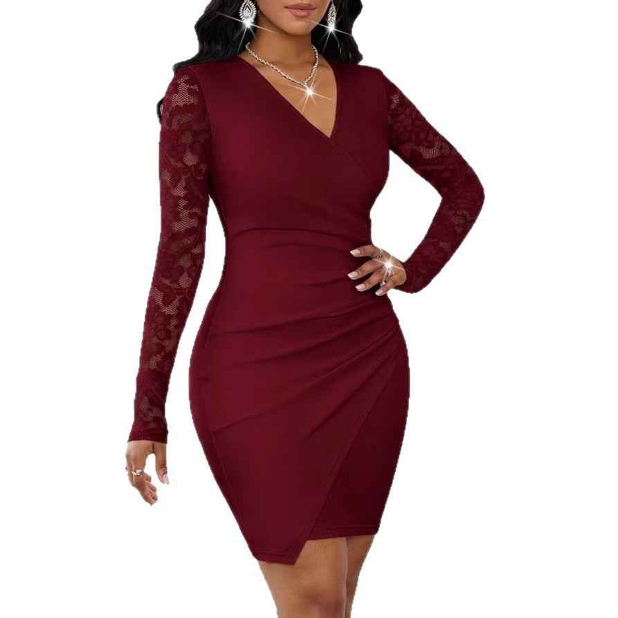 V-Neck Lace Trim Midi Dress — Slim Fit, Long Sleeve, 3 Colours