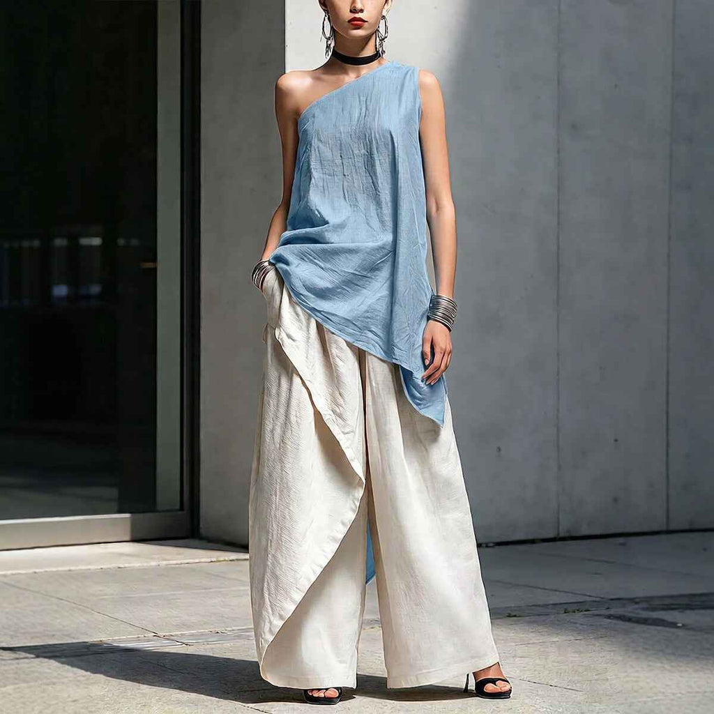 Women's Asymmetric One-Shoulder Pleated Cotton-Linen Top