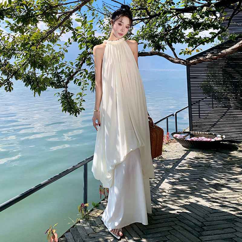 Women's White Satin Halter Maxi Dress — Asymmetric & Slit Back