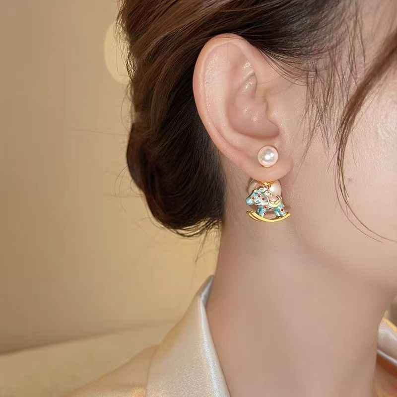 Year Of The Horse Pearl & Enamel Horse Earrings, Light Luxury Niche Autumn Winter Jewelry