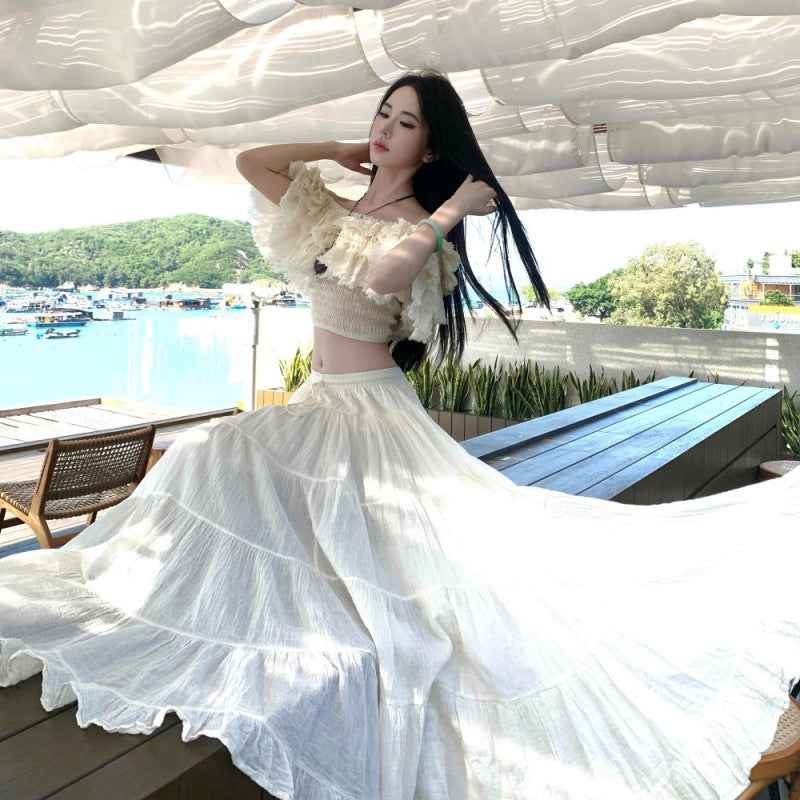 Women's French Off-Shoulder Top & Flared Skirt Set