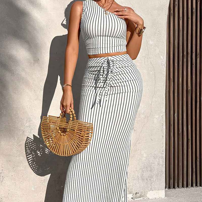 Striped Asymmetric Hem Vest & Slim Skirt Set — 3 Colours, XS–XL