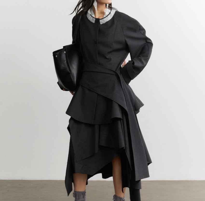 Flounced Hem Tailored Blazer – Belted, Dark Gray