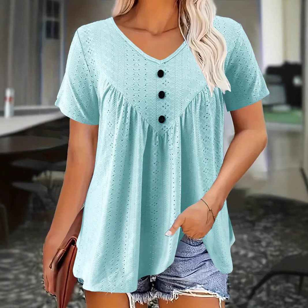 V-Neck Jacquard Button Top