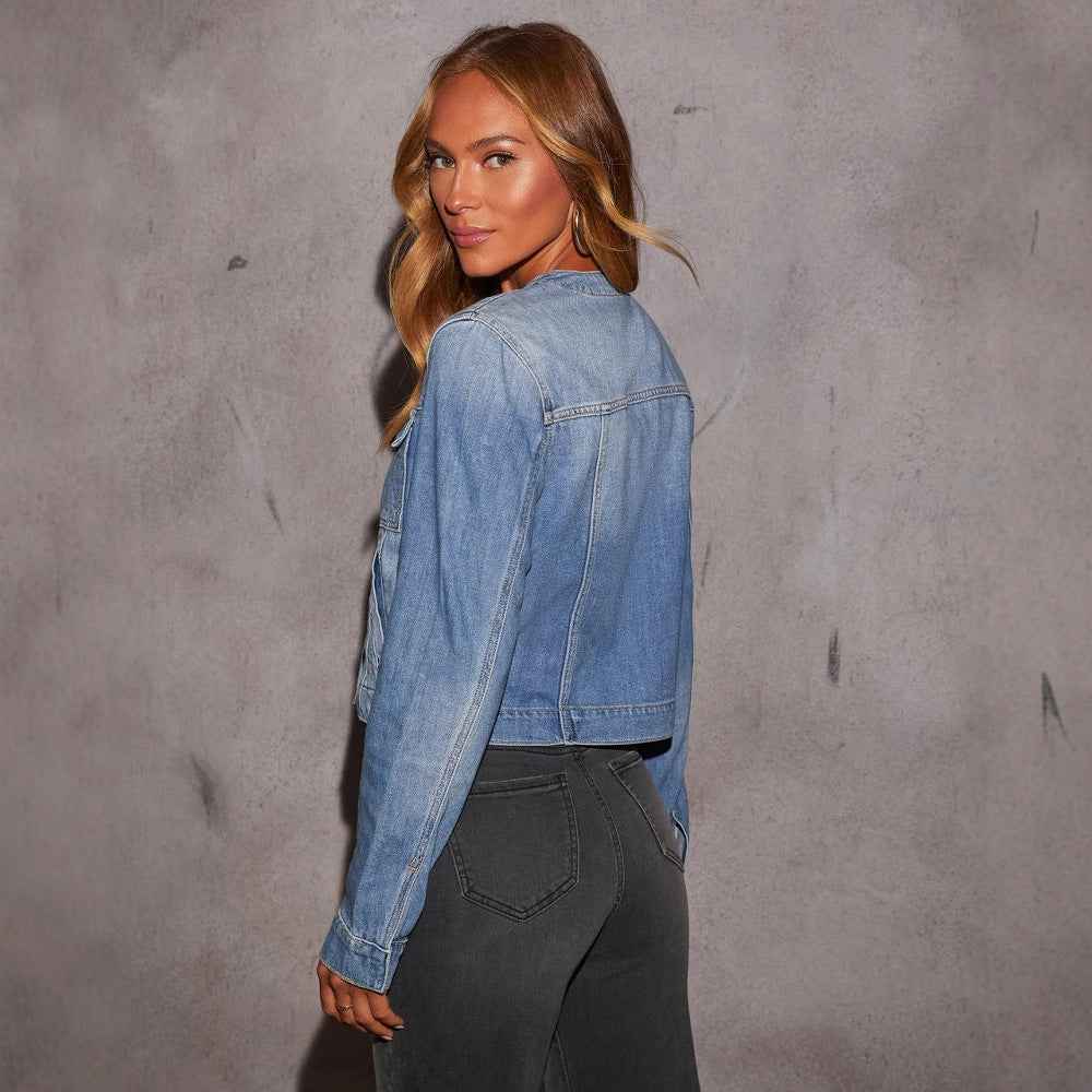 Cropped Collarless Denim Jacket — Long Sleeve, Blue, S–2XL