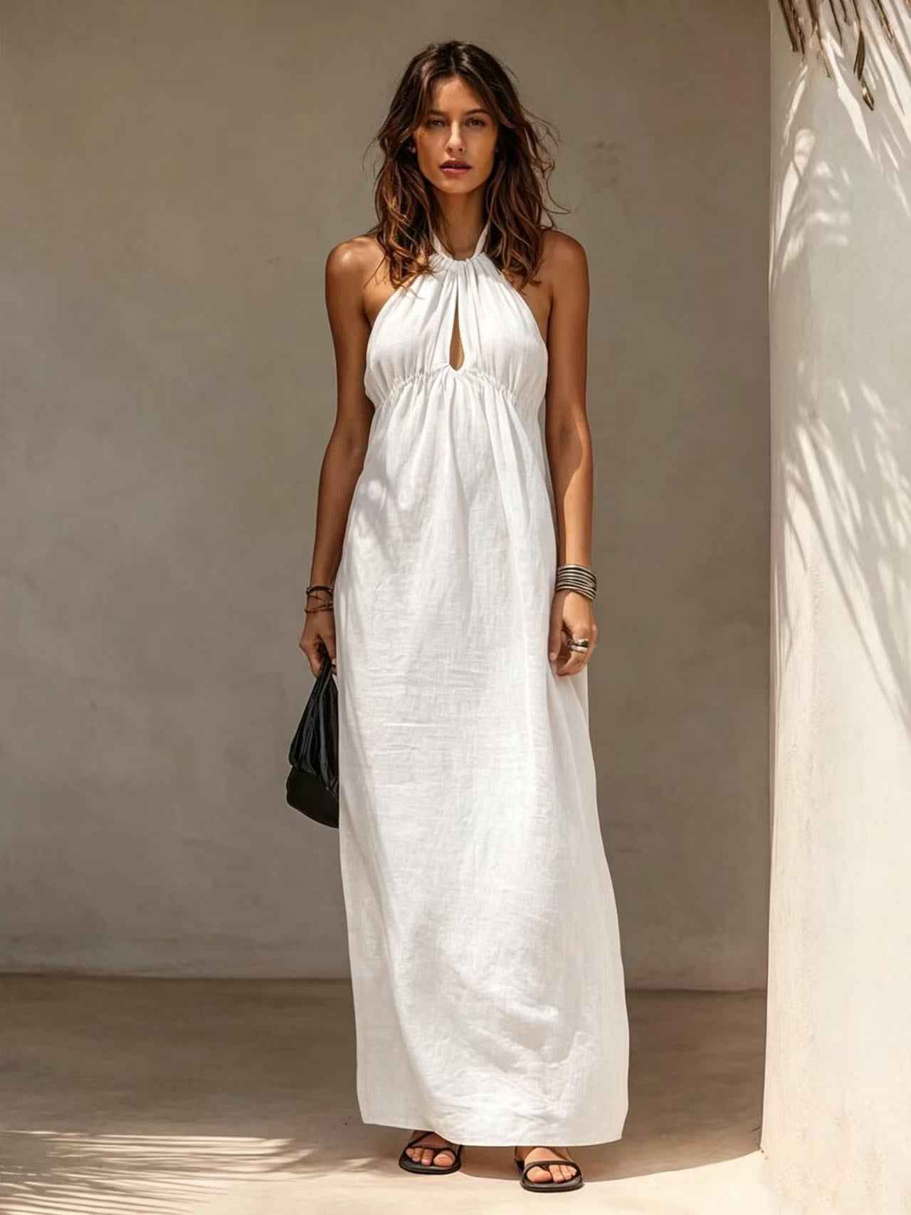 Womens Solid-color Long Halter-neck Dress