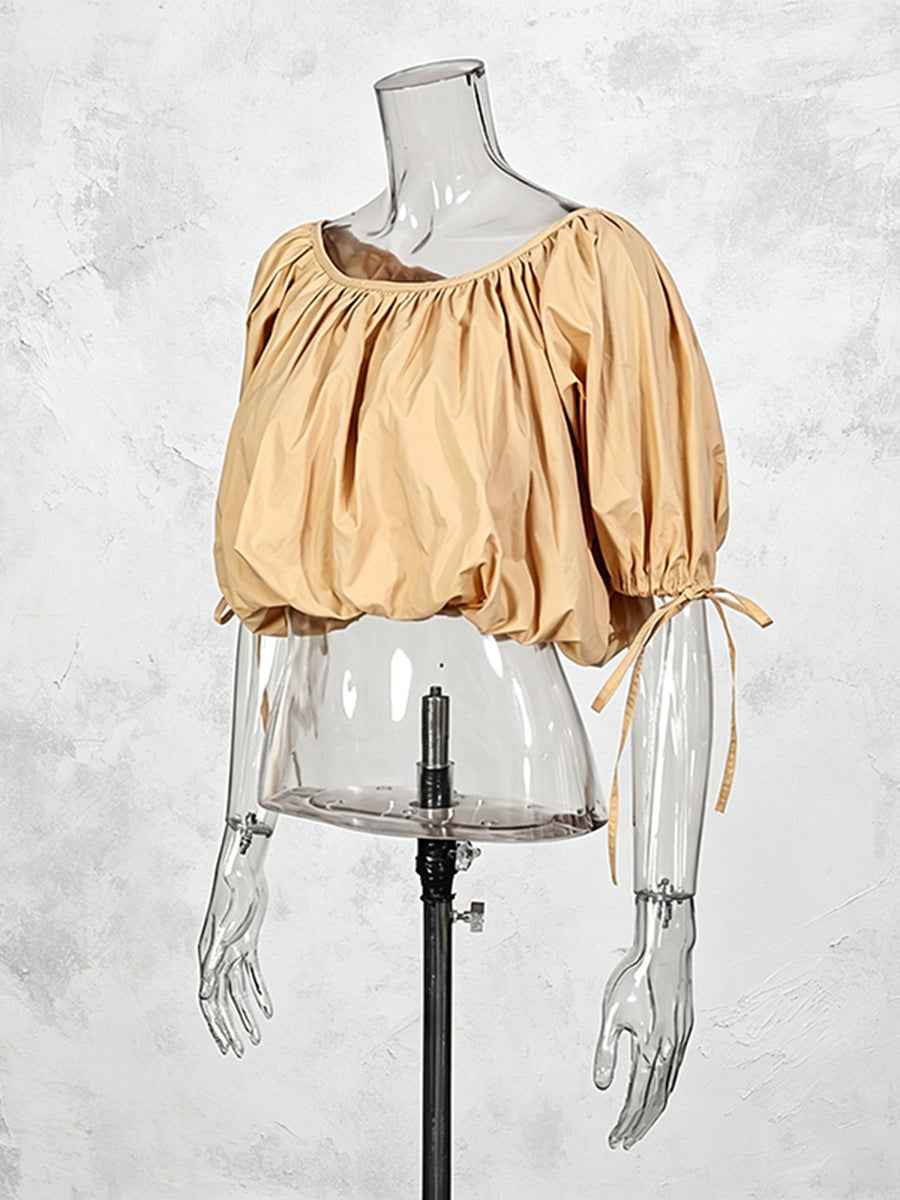 Off-Shoulder Puff Sleeve Crop Top | Drawstring Cropped Blouse