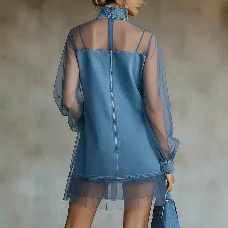 Contrast Panel Mock-Collar Denim Mini Dress