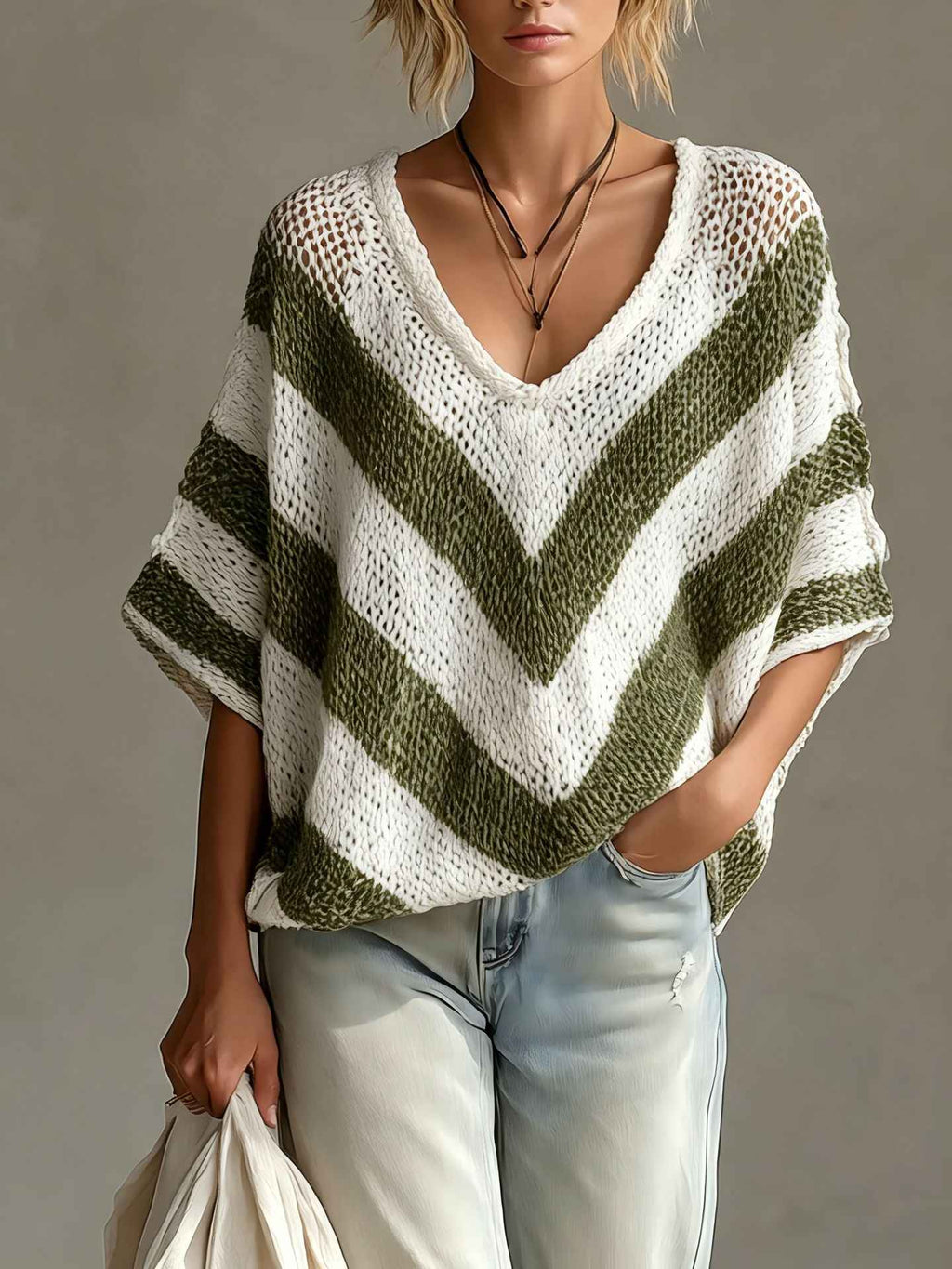 Drop Shoulder Knit Sweater – Loose Fit Three-Quarter Sleeve