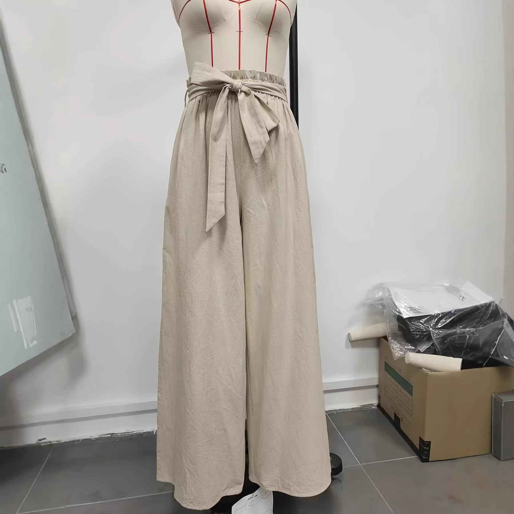 Asymmetric High-Waist Wide-Leg Linen-Look Pants