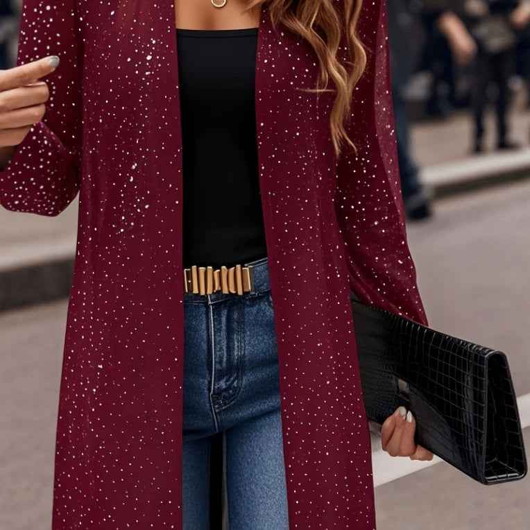 Elegant Semi-sheer Long Cardigan With Shimmering Mesh Detailing For Women