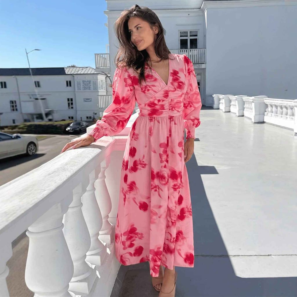French Romantic Floral V-Neck Waist-Cinching Dress