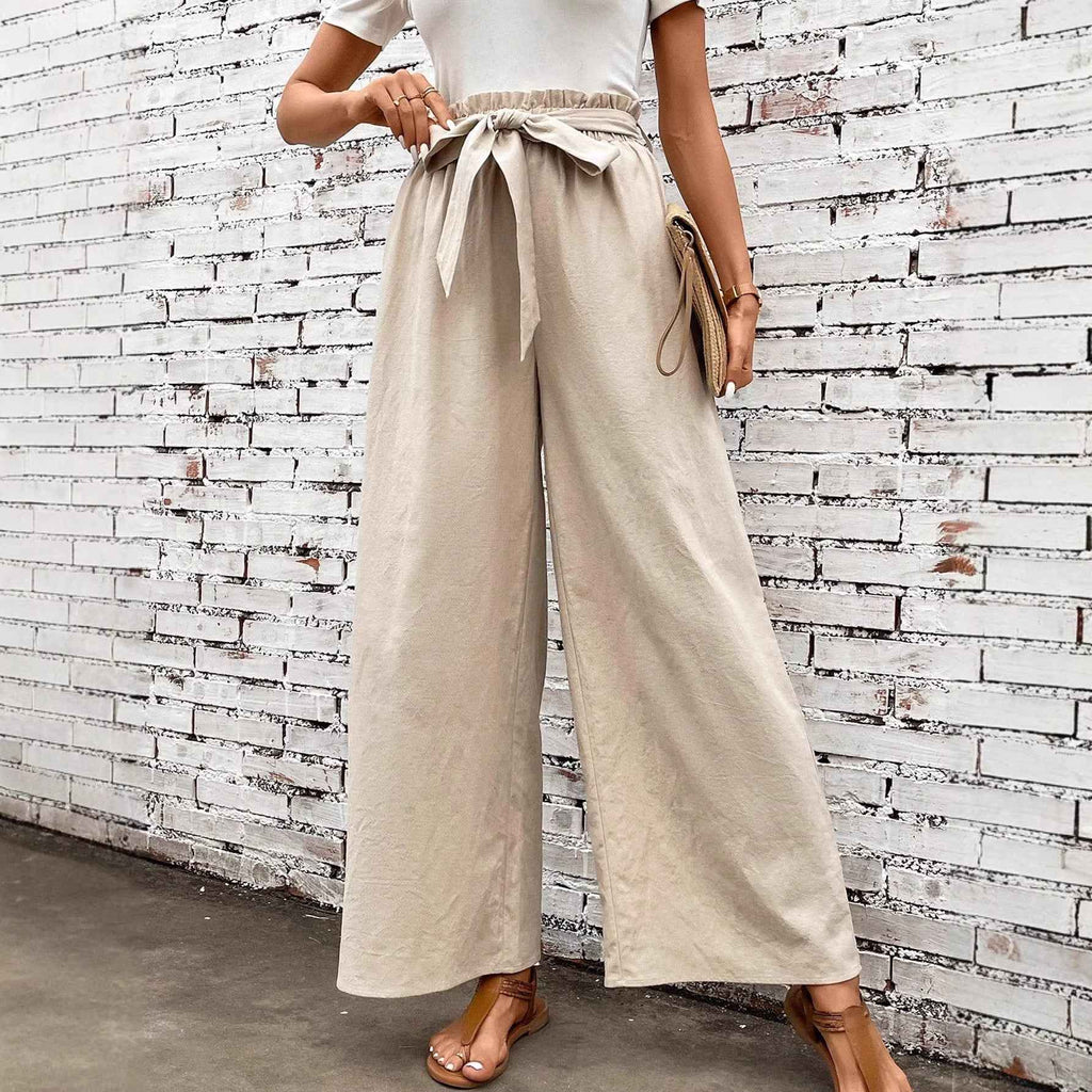Asymmetric High-Waist Wide-Leg Linen-Look Pants