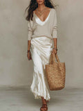 V Neck Loose Knit Top & Satin Slip Mermaid Maxi Skirt Two Piece Set