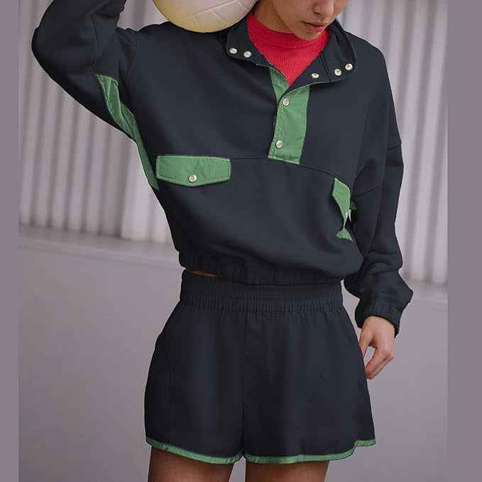 Casual Versatile Stand-collar Loose-fit Color-block Patchwork Long-sleeve Top And Shorts Set