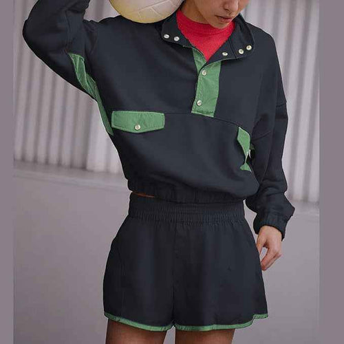 Casual Versatile Stand-collar Loose-fit Color-block Patchwork Long-sleeve Top And Shorts Set