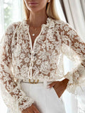V-neck Hollow-out Casual Lace Long-sleeve Womens Top