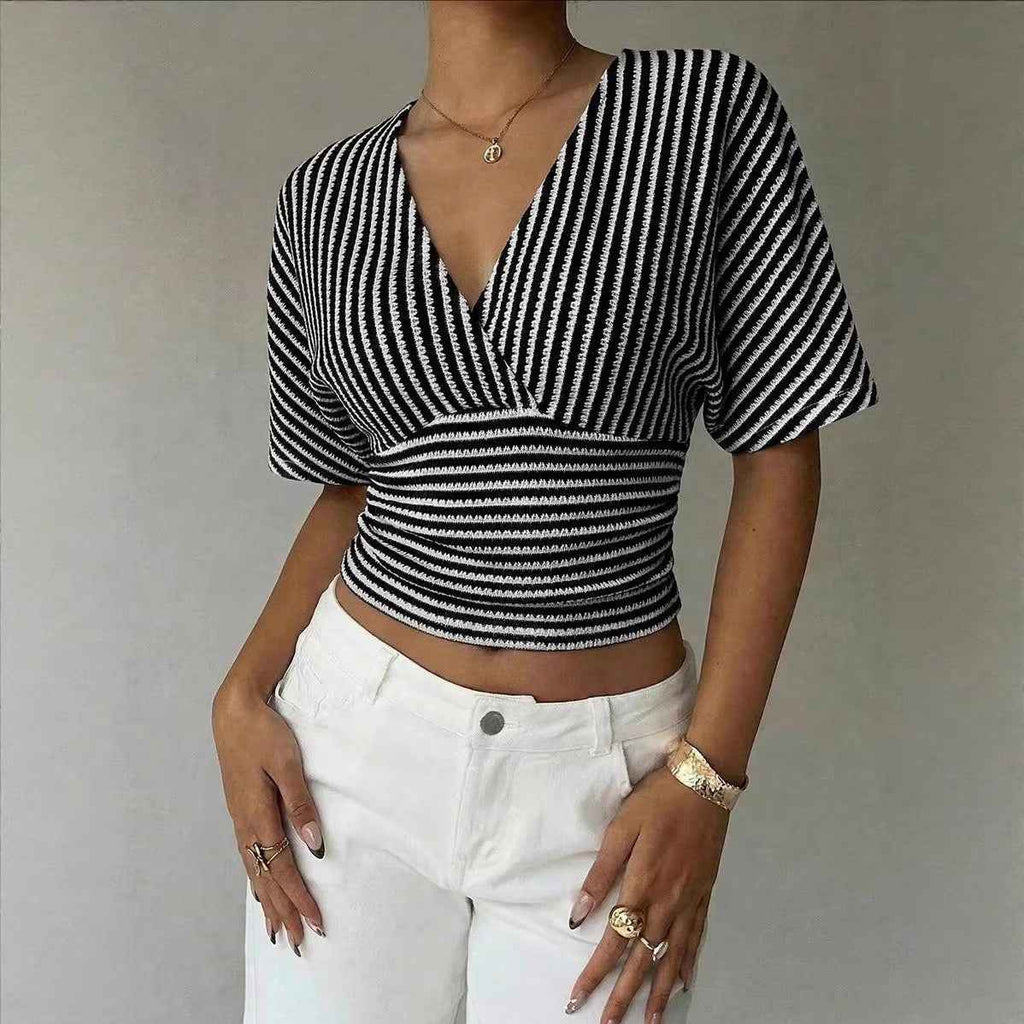 V-neck Knitted Fashion Casual Womens Striped