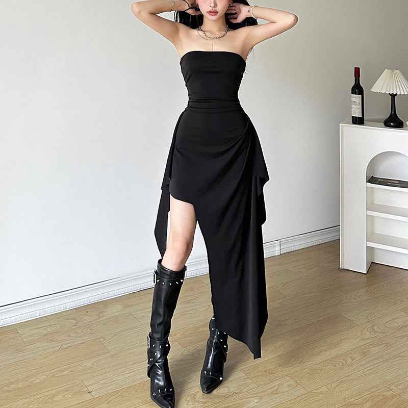 Women's Black Strapless Open-Back Midi Dress — Figure-Hugging Street Style