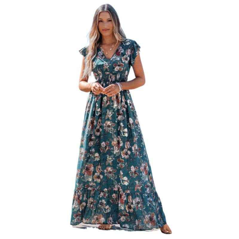 V-Neck Floral Slim-Fit Fashionable Dress