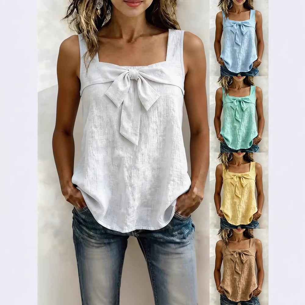 Wide-Strap Square-Neck Cotton-Linen Tank Top — 5 Colours