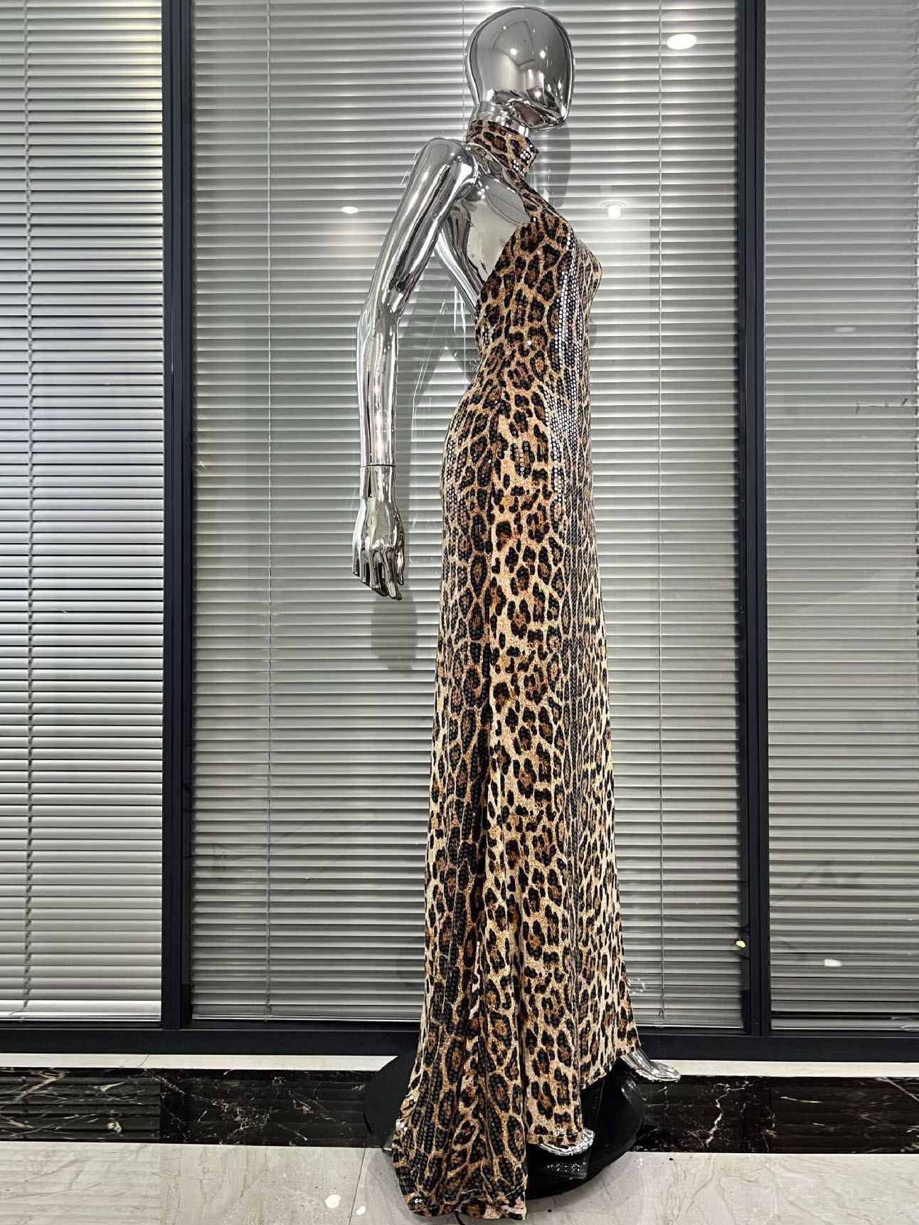 Leopard Print Sequin Halter-Neck Mermaid Gown