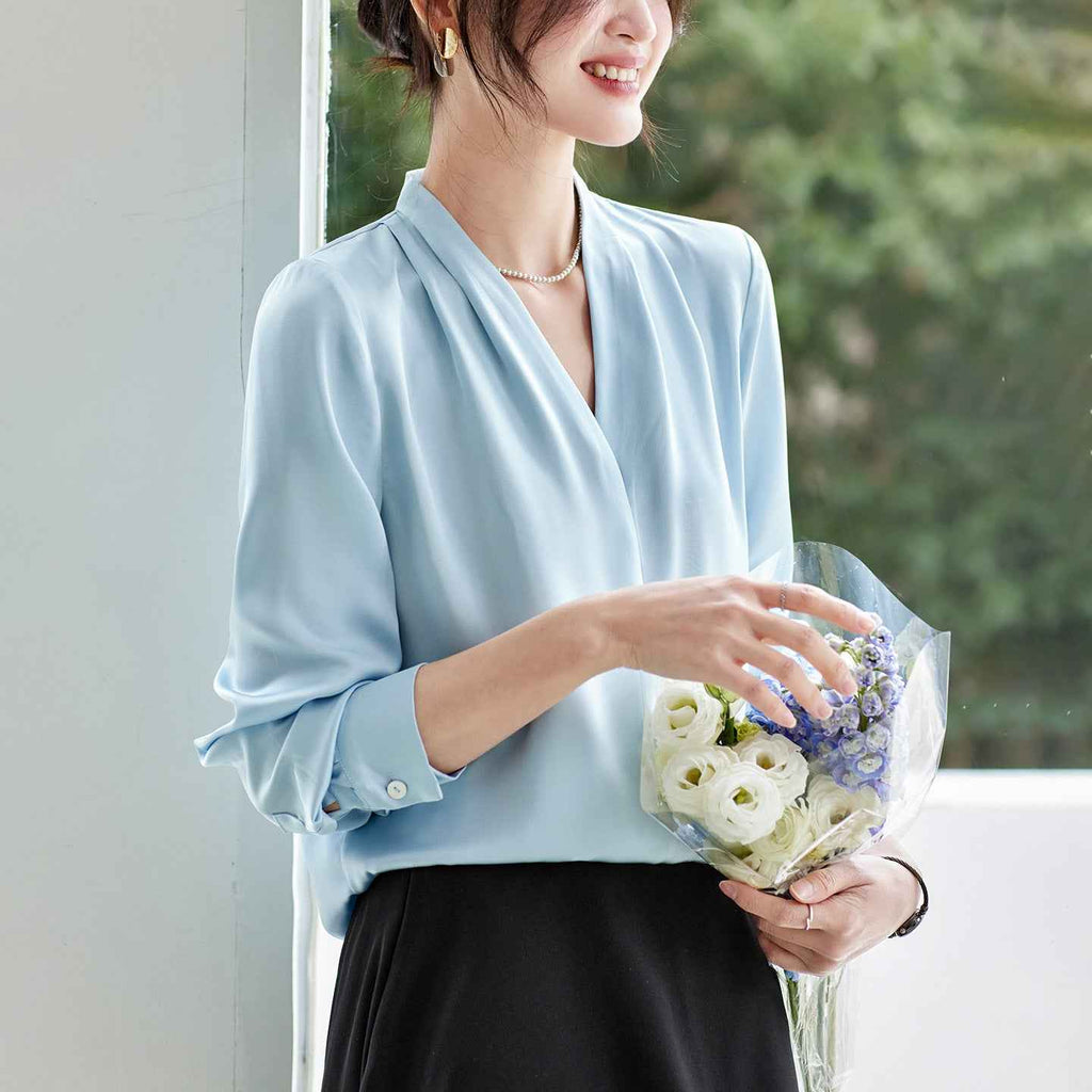 Pleated Chiffon Blouse – Loose Fit 3/4 Sleeve Top