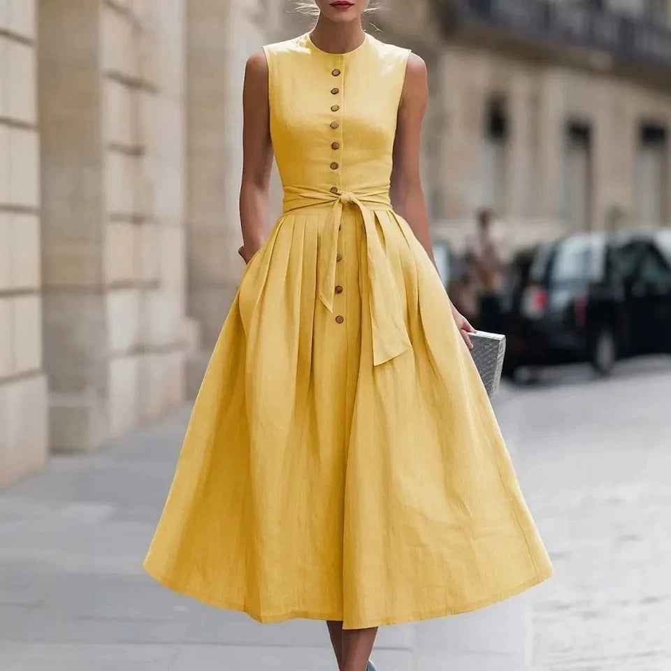 Sleeveless Off-Shoulder Pleated Flared Hem Linen Maxi Dress