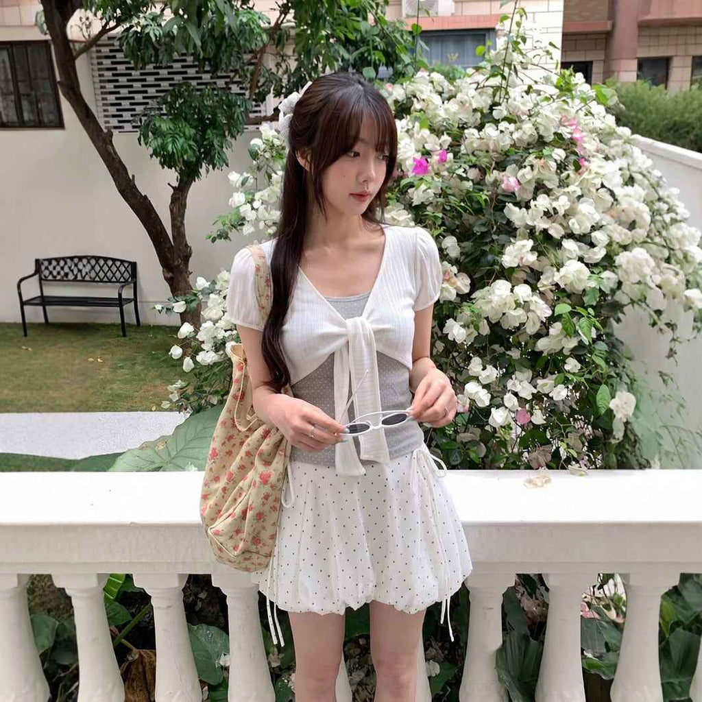 Polka Dot Mock Two-Piece Short-Sleeve Top