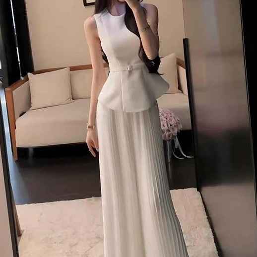 Pleated Vest & Wide-Leg Trousers Set — White