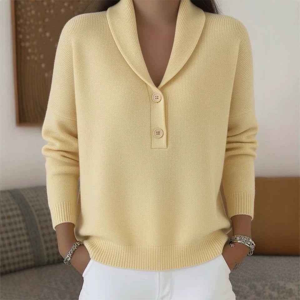 Polo Neck Knit Sweater – Loose Fit Button Detail Pullover