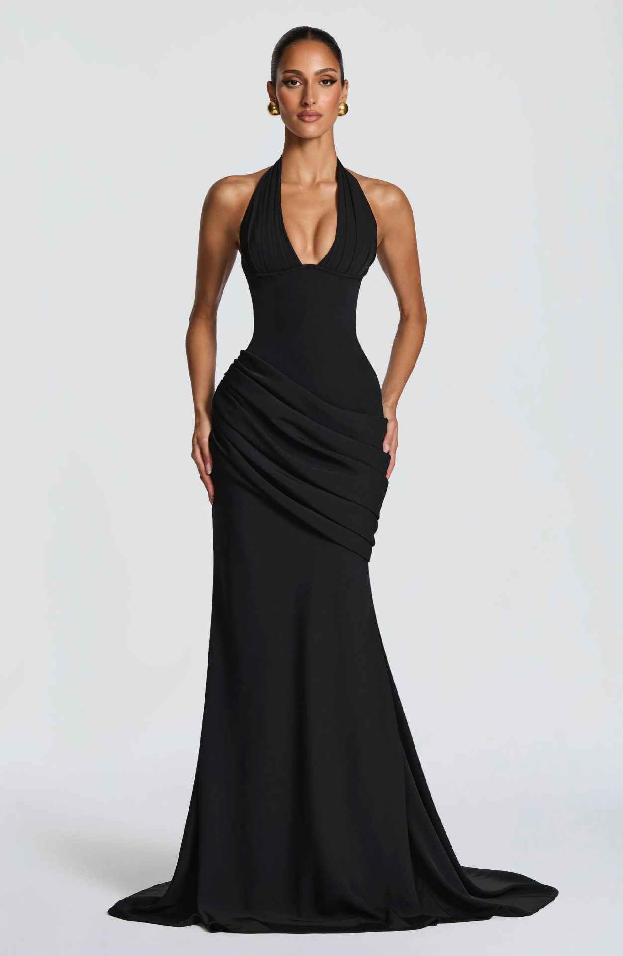 Halter-Neck Pleated A-Line Maxi Dress — Cinched Waist, Sleeveless, Elegant