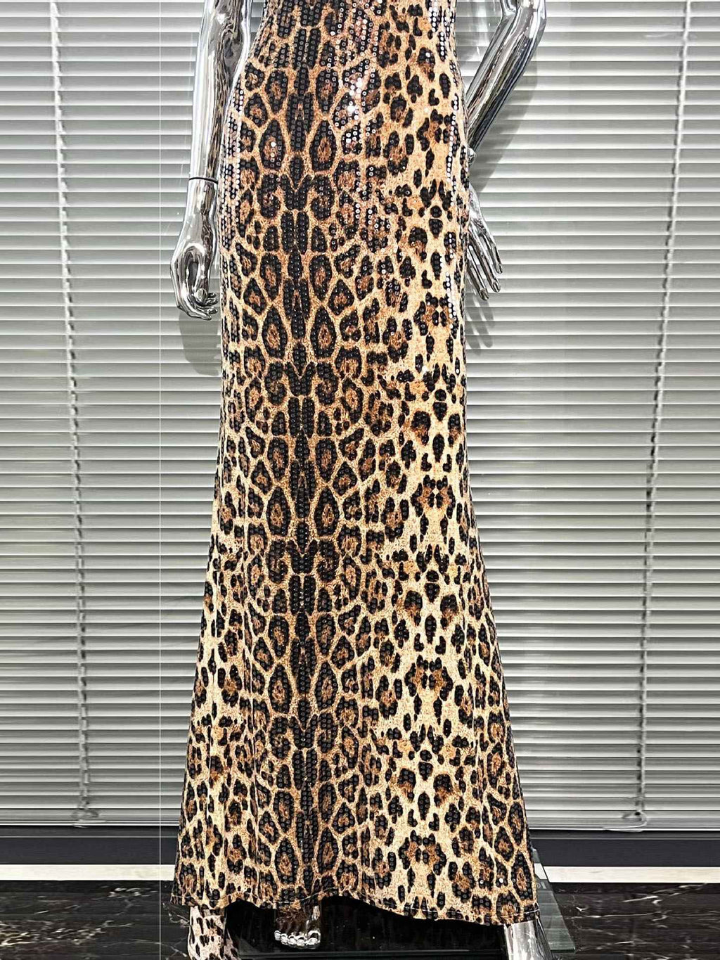 Leopard Print Sequin Halter-Neck Mermaid Gown