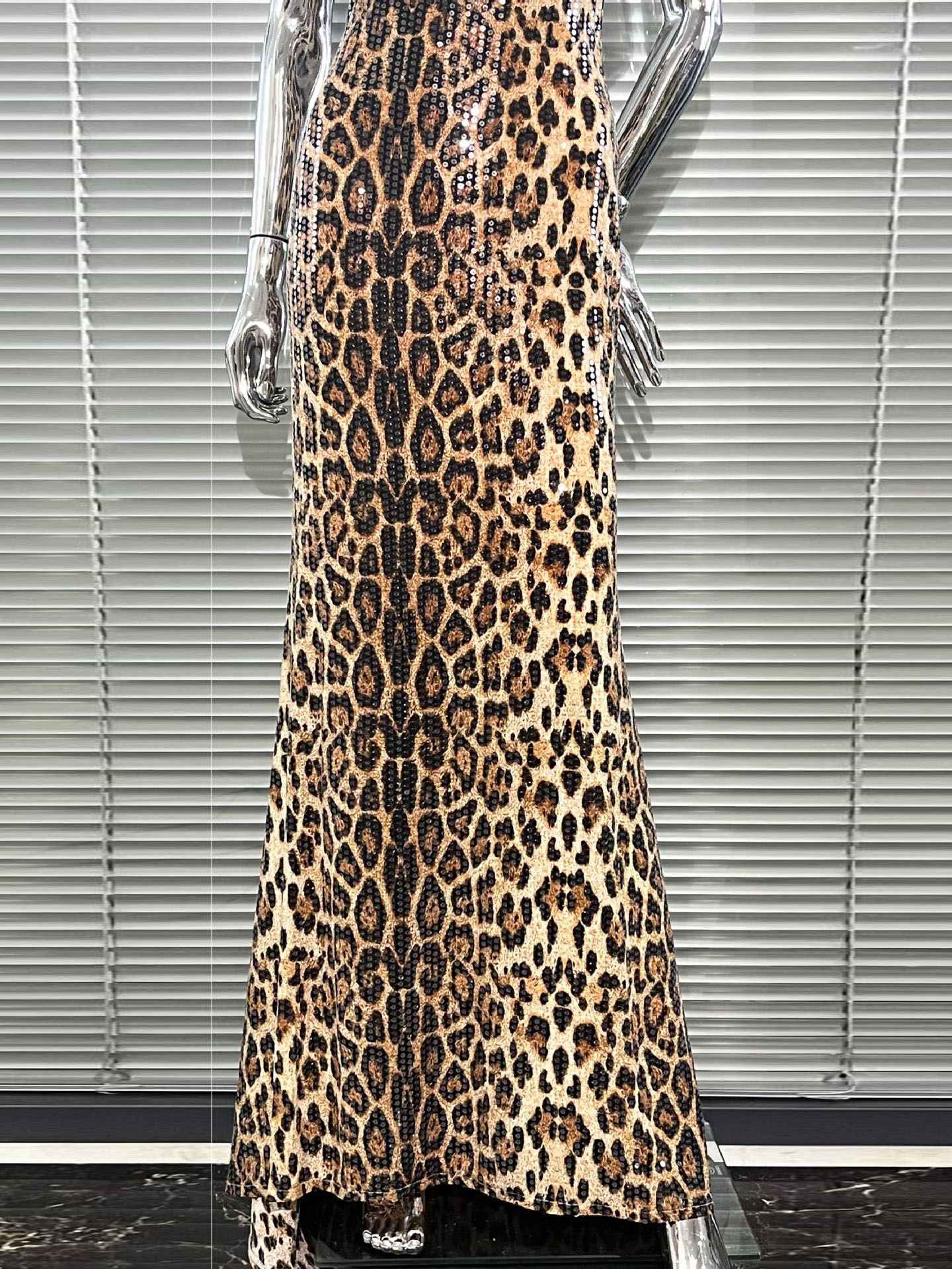Leopard Print Sequin Halter-Neck Mermaid Gown