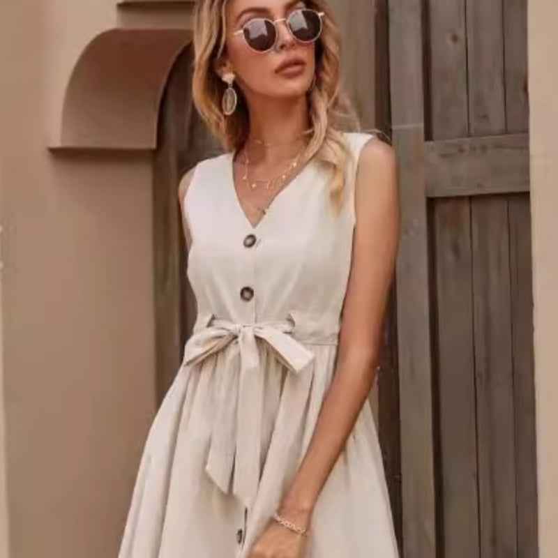 Women's High-Waist A-Line Tank Mini Dress with Tie Neck — 2 Colours, M–2XL