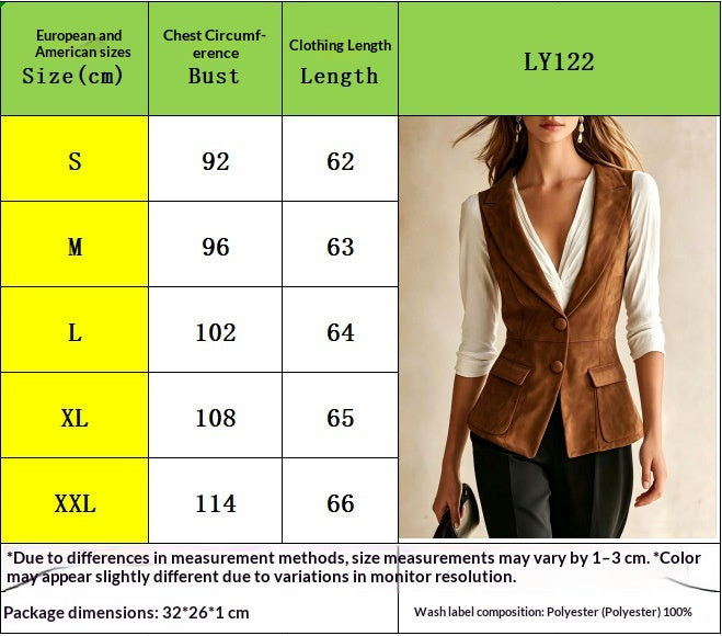 Women's Suede-Look Tailored Vest size chart for S–XXL with chest circumference and length in centimetres