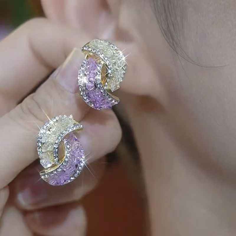 Trendy Purple Rhinestone Color Contrast Studs, Sparkling Niche Earrings For Women