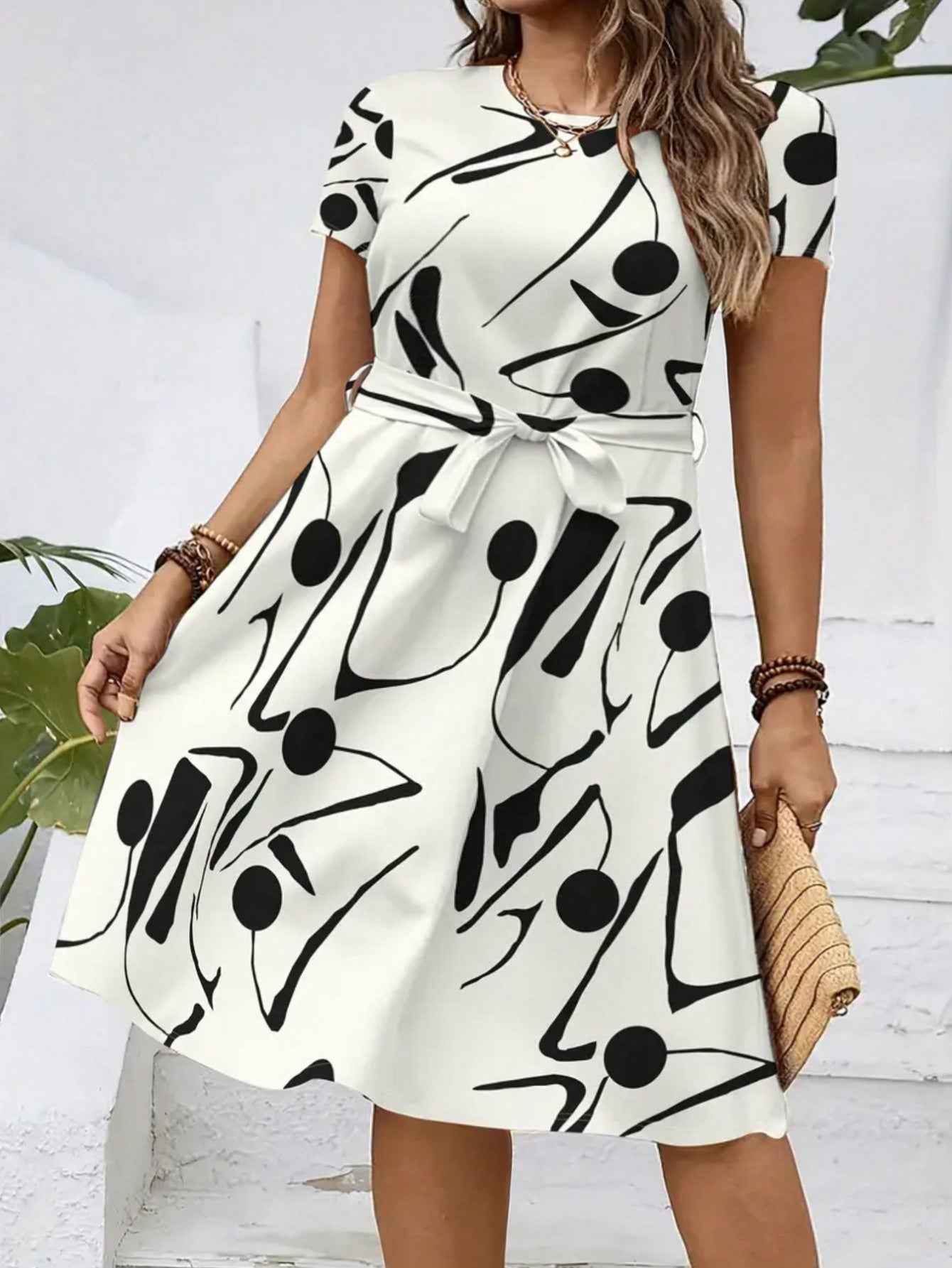 2026 New Women's Casual Printed Dress With Belt, Loose Fit