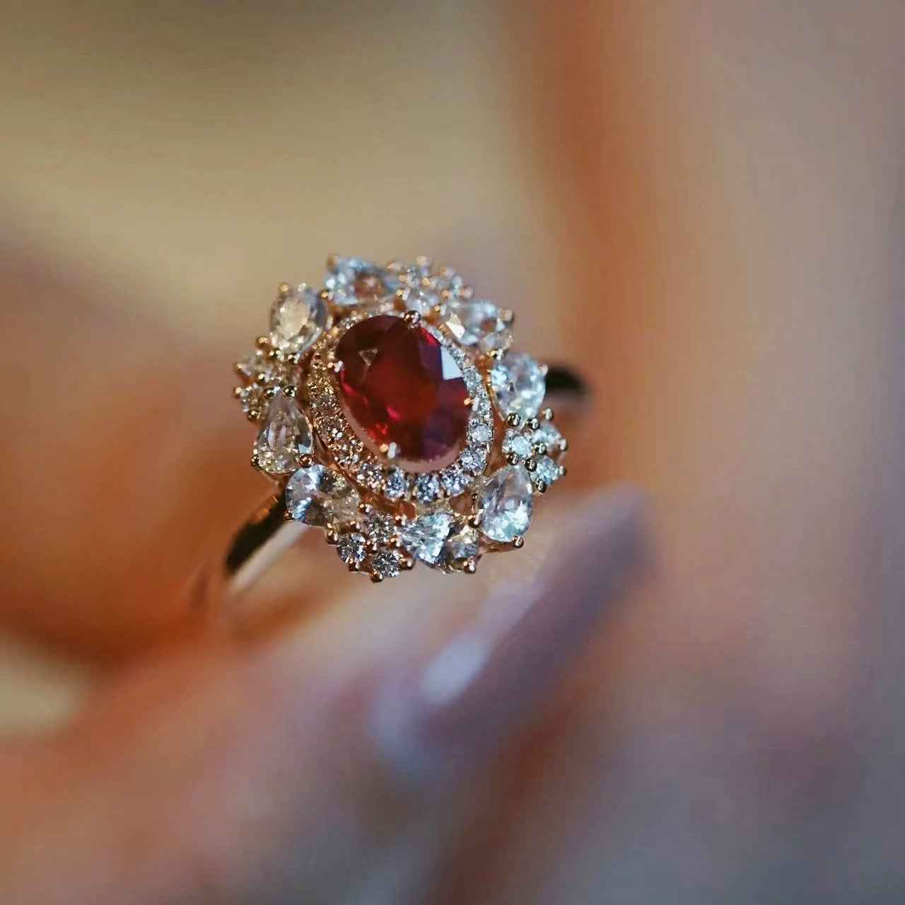 Exquisitely Crafted Hollowed-out Ruby Ring Set With Colored Gemstones And Diamonds
