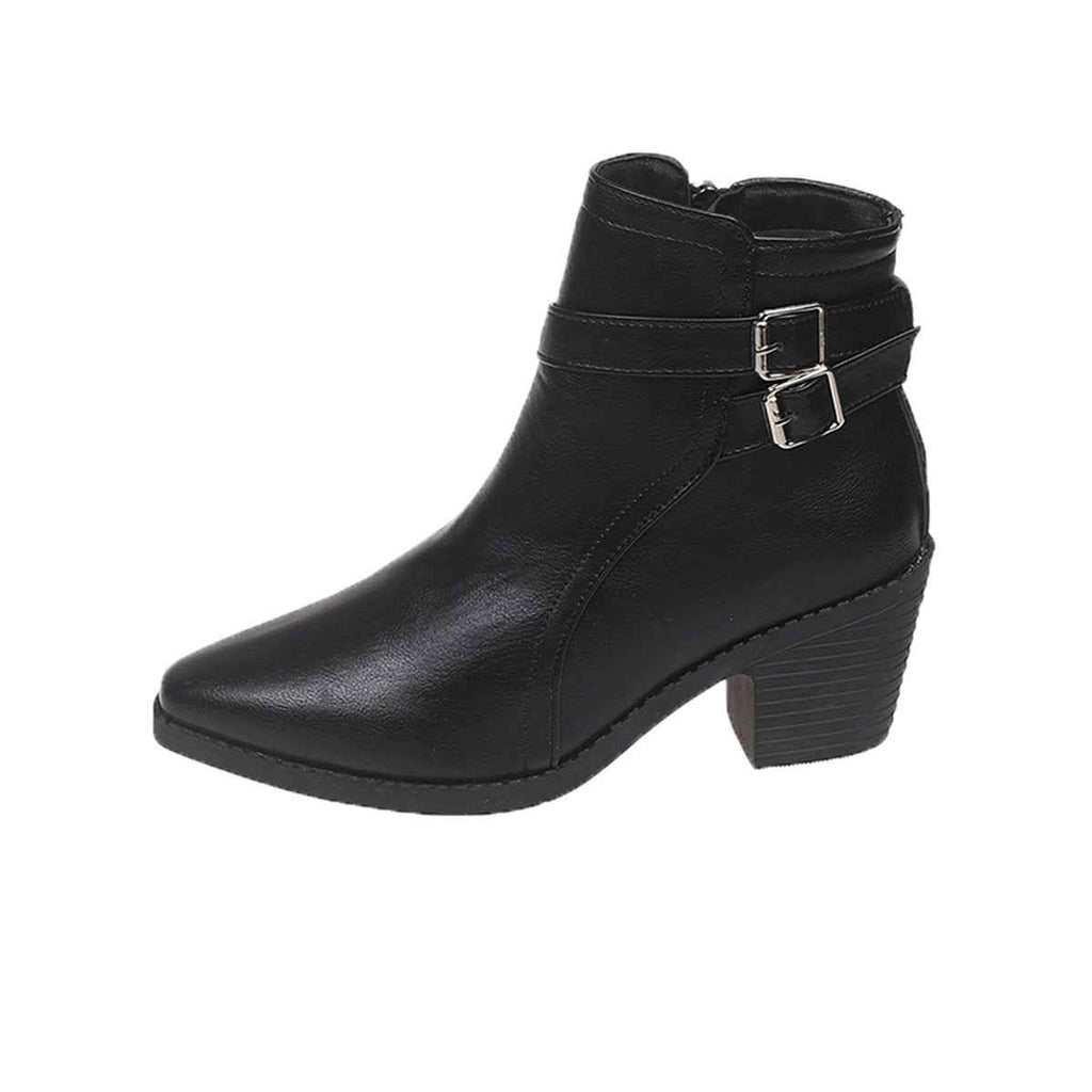 Chunky Heel Ankle Boots — Belt Buckle, Pointed Toe