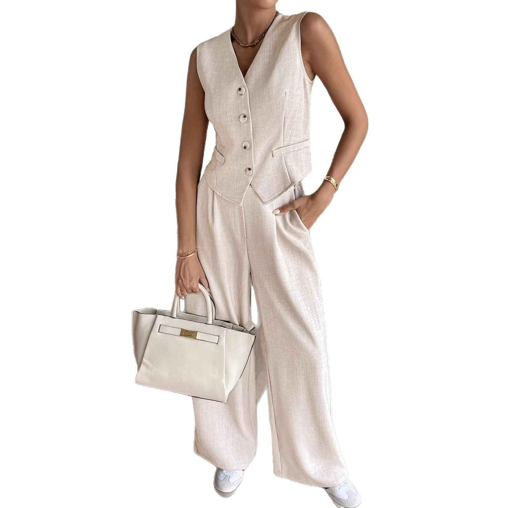 Buttoned Sleeveless Vest & Wide-Leg Trousers Set — Elegant Workwear