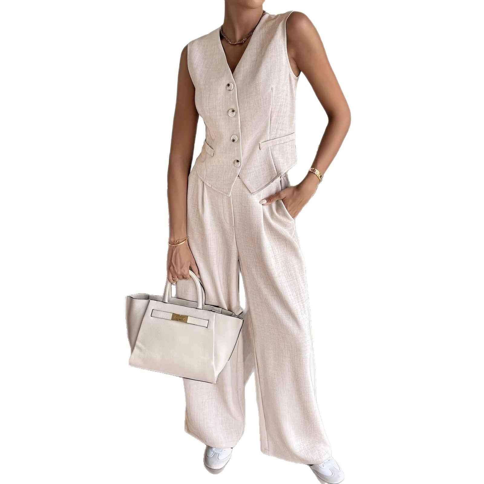 Buttoned Sleeveless Vest & Wide-Leg Trousers Set — Elegant Workwear