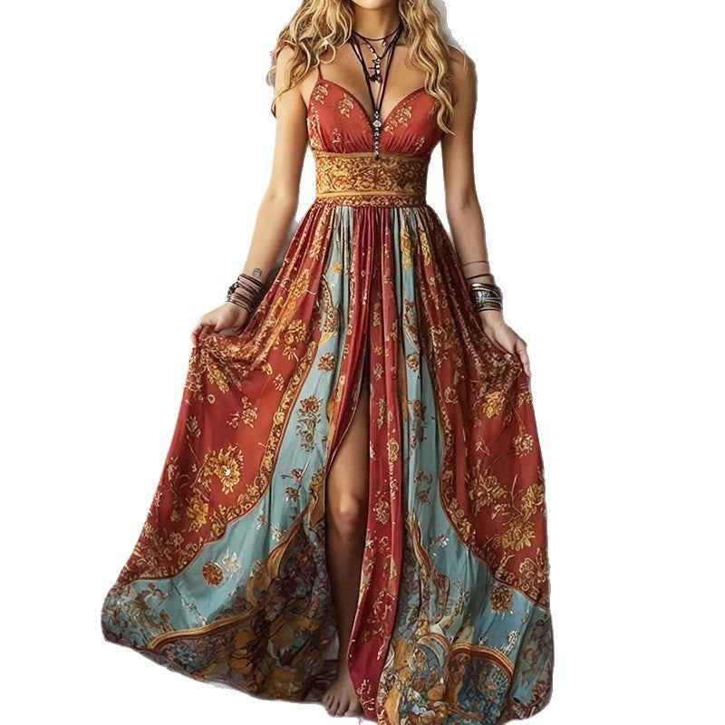 Tube Top Backless Suspender Vintage Printed Long Dress