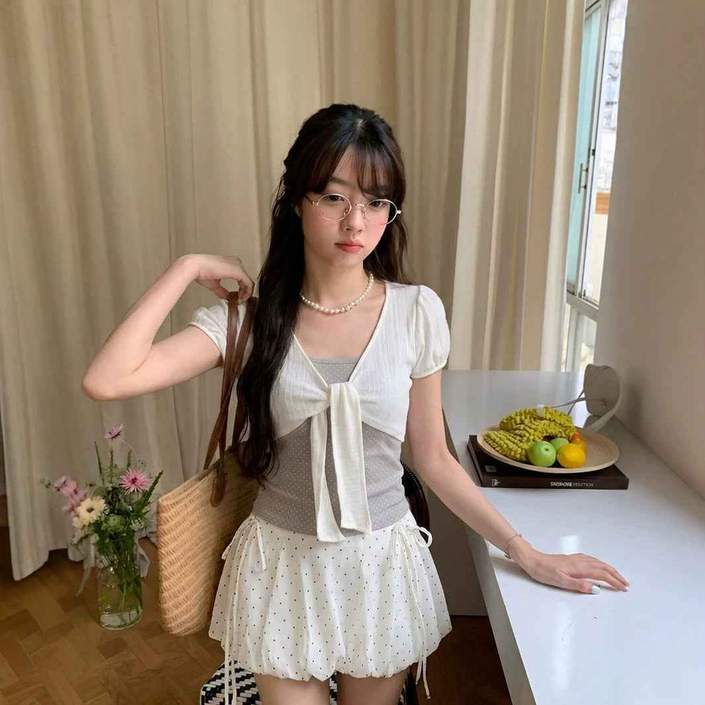 Polka Dot Mock Two-Piece Short-Sleeve Top