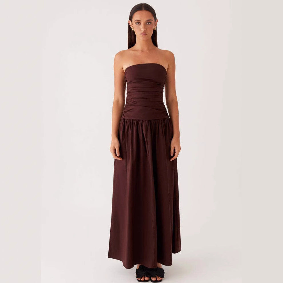 Strapless Pleated Patchwork Printed Dress