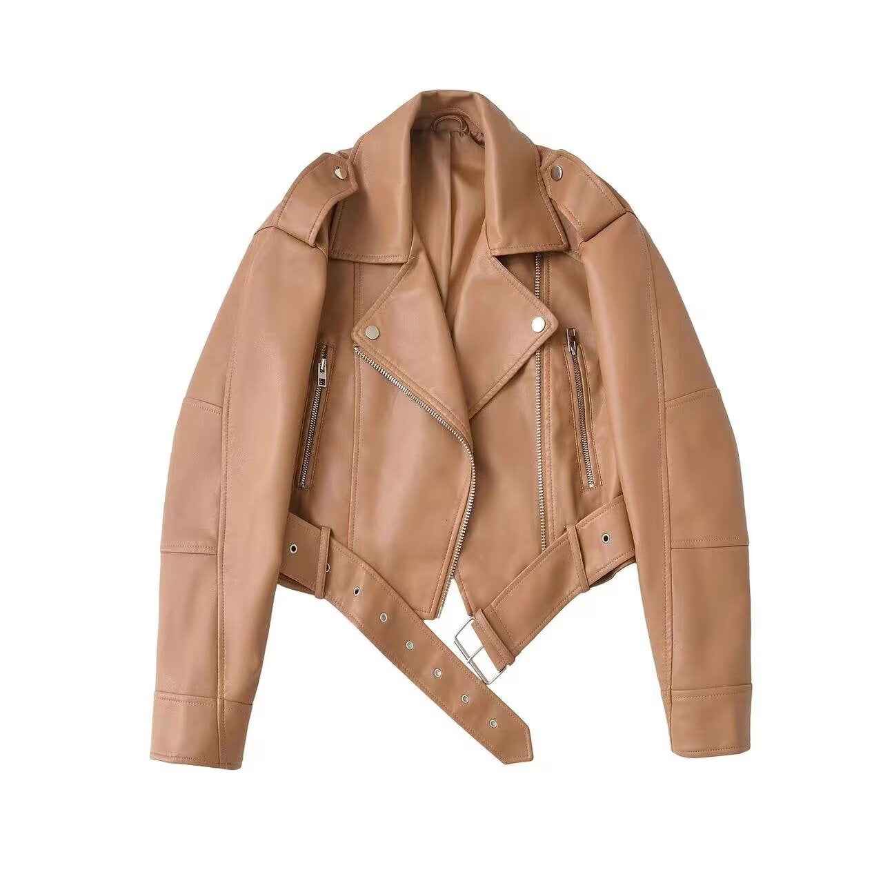 Women's Belted Biker Jacket — Faux Leather