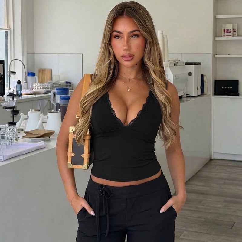 Women's Lace-Trim Deep-V Slim Patchwork Camisole