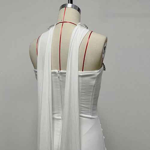 Rhinestone Ruched Halter-Neck Wrap Slim-Fit Maxi Pencil Dress