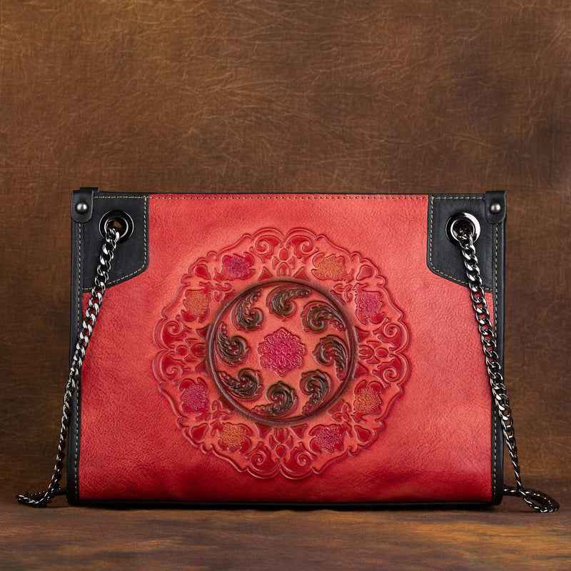Full-Grain Leather Tote Bag — Embossed Cowhide, Large Capacity
