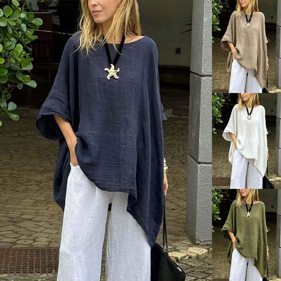 Women’s Asymmetric Hem Casual Top – 3/4 Sleeve Round-Neck | S–3XL